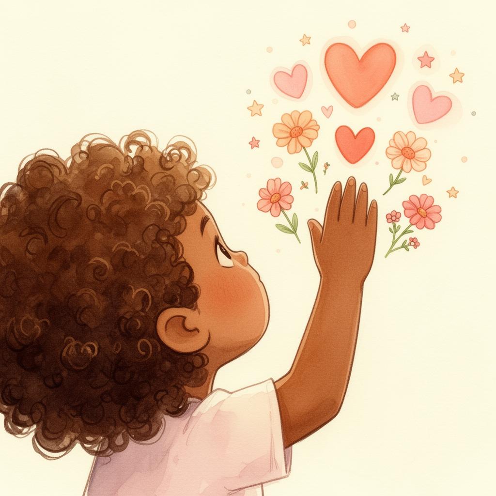 Illustration of a small hand reaching up among hearts and flowers